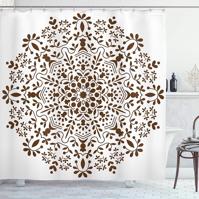 Ambesonne Mandala Shower Curtain, Abstract Art Style Vector Illustration of Mandala Flower on White Background, Cloth Fabric Bathroom Decor Set with Hooks, 69" W x 84" L, Brown and White