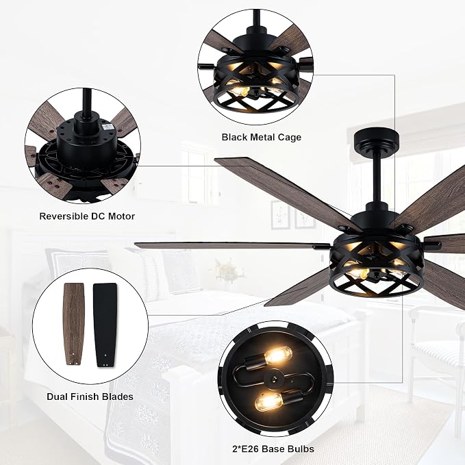 60“ Farmhouse Ceiling Fan with Lights Remote, Rustic Ceiling Fan | Black Metal Caged Fandelier Industrial Chandelier, Reversible Quiet DC Motor 6 Speed 6 Dual Blades for Living Room Bedroom