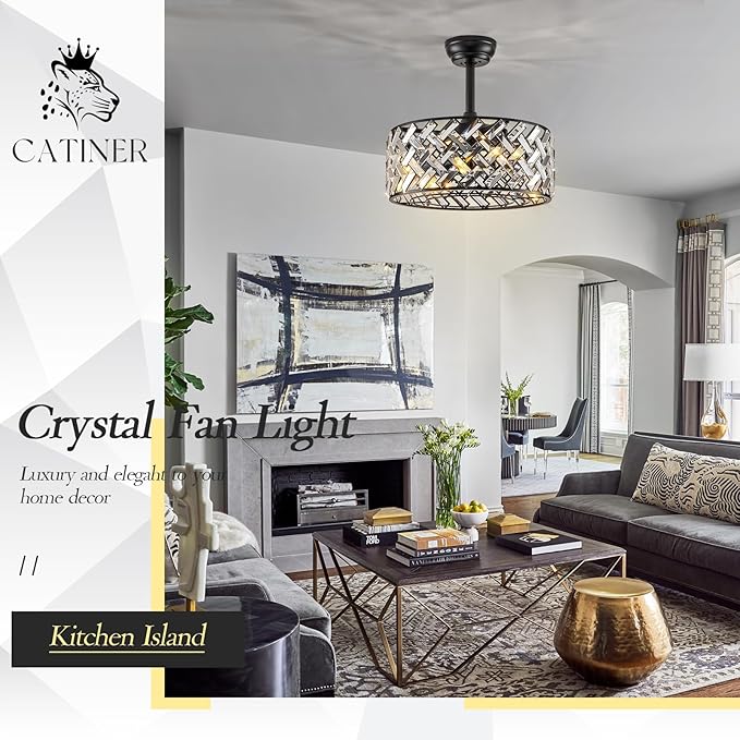 Modern Caged Ceiling Fan with Light Crystal Fandelier with Remote Control 18” Black Flush Mount Ceiling Fan DC Motor with Reversible 8 Blades 6 Speeds for Bedroom Dining Room Kitchen