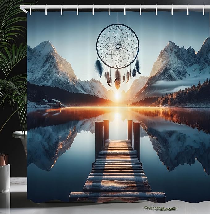 Ambesonne Lake Shower Curtain, Sunset Horizon Snowy Mountains Bohemian Dreamcatcher Peaceful View Wooden Pier, Cloth Fabric Bathroom Decor Set with Hooks, 69" W x 75" L, Slate Blue Orange