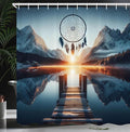 Ambesonne Lake Shower Curtain, Sunset Horizon Snowy Mountains Bohemian Dreamcatcher Peaceful View Wooden Pier, Cloth Fabric Bathroom Decor Set with Hooks, 69" W x 75" L, Slate Blue Orange