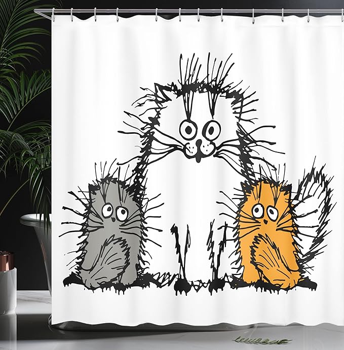 Ambesonne Sketchy Shower Curtain, Fluffy Cat Family with Mother Babies Feline Animal Humor Illustration, Cloth Fabric Bathroom Decor Set with Hooks, 69" W x 70" L, Orange White Grey