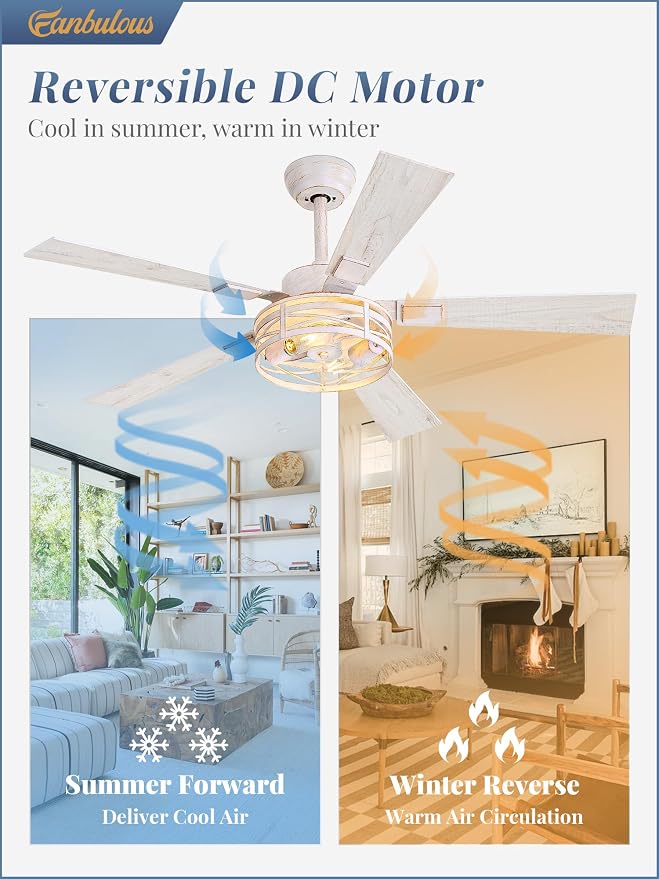 Farmhouse Ceiling Fans with Light, 48 Inch Bedroom Ceiling Fan with Lights, 6-Speed Adjustable, Quiet and Reversible DC Motor, 5 Dual Finish Blades, Rustic Caged Ceiling Fan，White and Gold Color