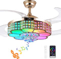 BAYSQUIRREL Retractable Crystal Ceiling Fan with Light, Bluetooth Ceiling Fan with Speaker, RGB-LED Light 6 Speed Reversible Low Profile Modern Invisible Ceiling Fan,Remote and APP Control