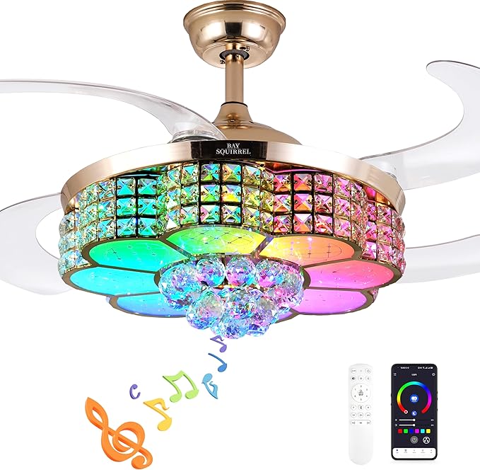 BAYSQUIRREL Retractable Crystal Ceiling Fan with Light, Bluetooth Ceiling Fan with Speaker, RGB-LED Light 6 Speed Reversible Low Profile Modern Invisible Ceiling Fan,Remote and APP Control