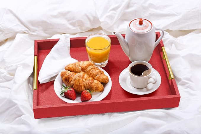 ATZYmolin 17"x12" Leather Serving Tray, Gold Handle Vanity Platter, Red | Rectangle Ottoman Decor Tray, Polished Metal Handles, Coffee Table Bathroom Home Decorative Wood Tray
