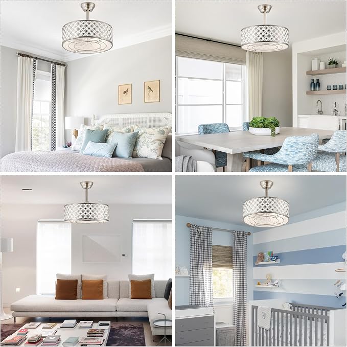 Silver Fandelier Ceiling Fan with Light, 20" Caged Silver Chandelier Ceiling Fans with Lights Remote Control, Fabric Mid-Century Modern with 6 Speeds for Bedroom, Nursery, Living Room.