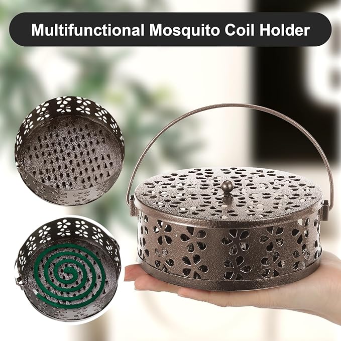 4Pcs Portable Mosquito Coil Holder, Coil Incense Holder with Handle Round Heat-Resistant Mosquito Incense Burner for Indoor Outdoor Hanging Camping Patio (Bronze)