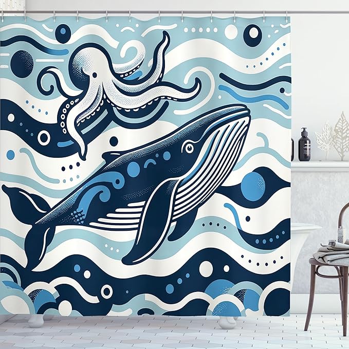 Ambesonne Nautical Shower Curtain, Simple Cartoon Illustration of Funny Ocean Waves Whale and Octopus Characters, Cloth Fabric Bathroom Decor Set with Hooks, 69" W x 75" L, Sea Blue White
