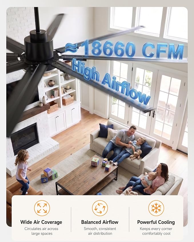 96 Inch Industrial HVLS Ceiling fan No Light,without Lights,8 ft Large High CFM Commercial Fans with 8 Aluminum Metal Blade, DC Motor Heavy Duty Outdoor Big Fan for Garage Shop Barn, Matte Black