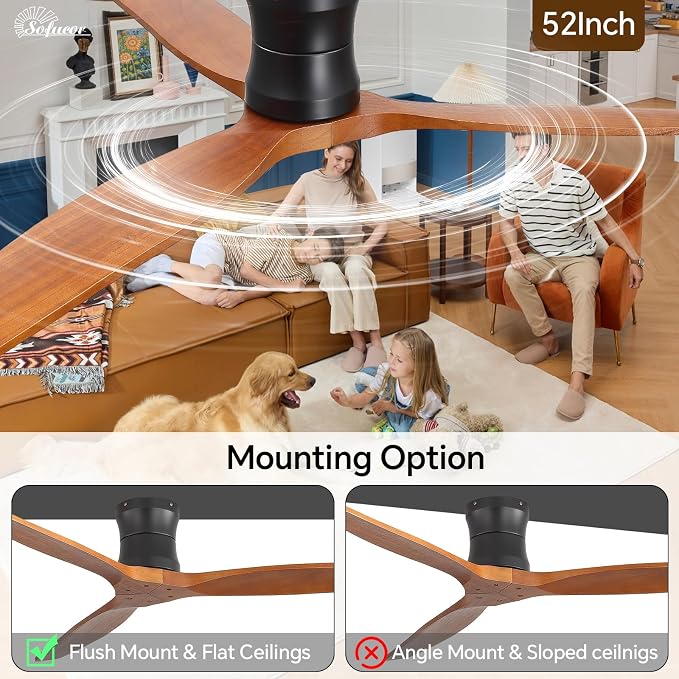 Sofucor 52" Smart Ceiling Fan No Light, Solid Wood Low Profile Ceiling Fan with Remote, Flush Mount Ceiling Fan Works with Alexa/Google/App 6-Speed Timing Reversible DC Motor for Living Room Bedroom