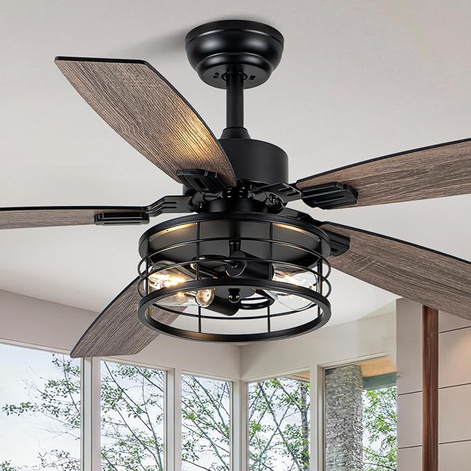 Dawn Whisper 52 Inch Farmhouse Ceiling Fans with Lights and Remote Quiet and Reversible DC Motor Black Industrial Rustic Caged Ceiling Fan for Bedroom Living Room Covered Patio