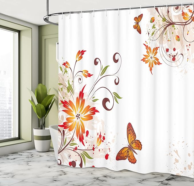Ambesonne Floral Shower Curtain, Spring Themed Swirled Flowers Leaves and Butterfly Nature Foliage Garden Motif, Cloth Fabric Bathroom Decor Set with Hooks, 69" W x 75" L, Orange Brown