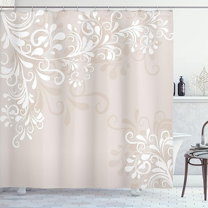Ambesonne Oriental Shower Curtain, Floral Ivy Swirls and Leaves Abstract Modern Frame Like Artwork Image, Cloth Fabric Bathroom Decor Set with Hooks, 69" W x 70" L, White Cream