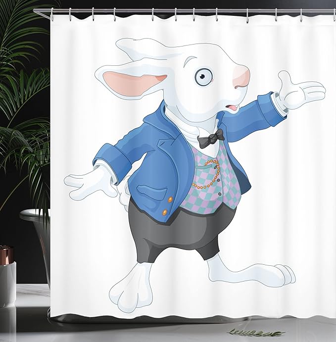 Ambesonne Alice in Wonderland Shower Curtain, White Rabbit is Talking Fictional Fantasy and Alice Themed Print, Cloth Fabric Bathroom Decor Set with Hooks, 69" W x 75" L, White Blue Black