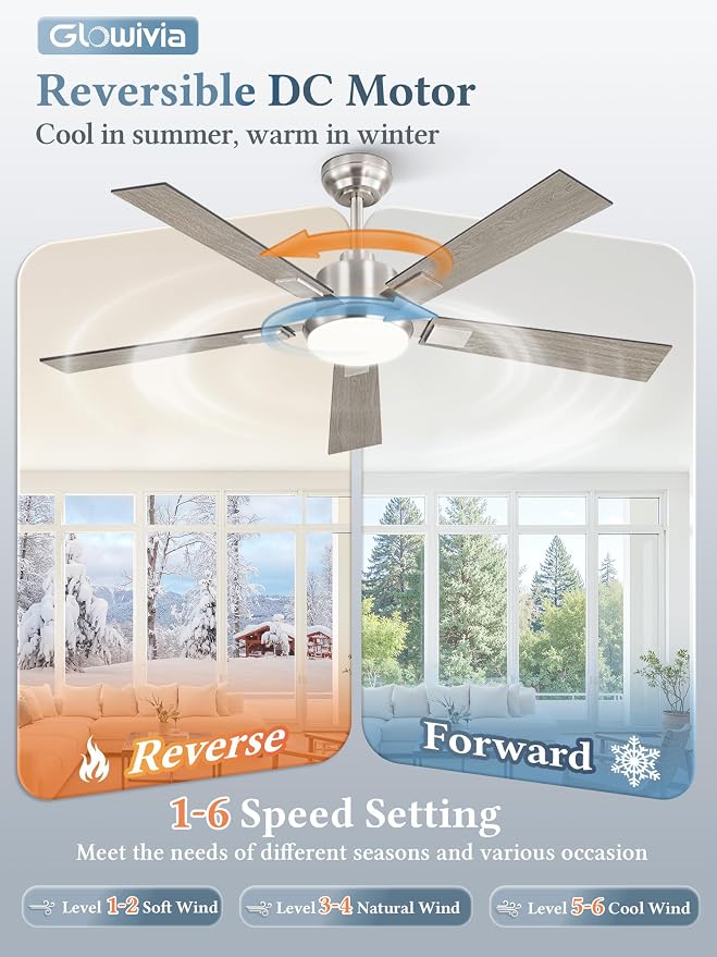 52 Inch Ceiling Fans with Lights and Remote&APP Control, Brushed Nickel Smart Ceiling Fan with 3000-6000K Dimmable, 6 Speeds Reversible, Indoor/Outdoor Ceiling Fan for Bedroom Living Room