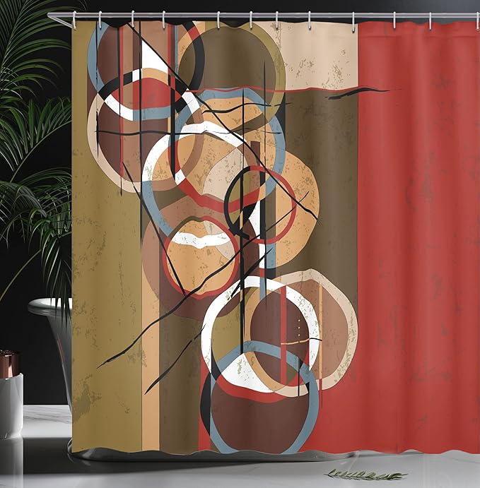 Ambesonne Modern Art Shower Curtain, Retro Surreal Abstract Circular and Square Shaped Artwork Lines on Murky Base, Cloth Fabric Bathroom Decor Set with Hooks, 69" W x 75" L, Burgundy Beige
