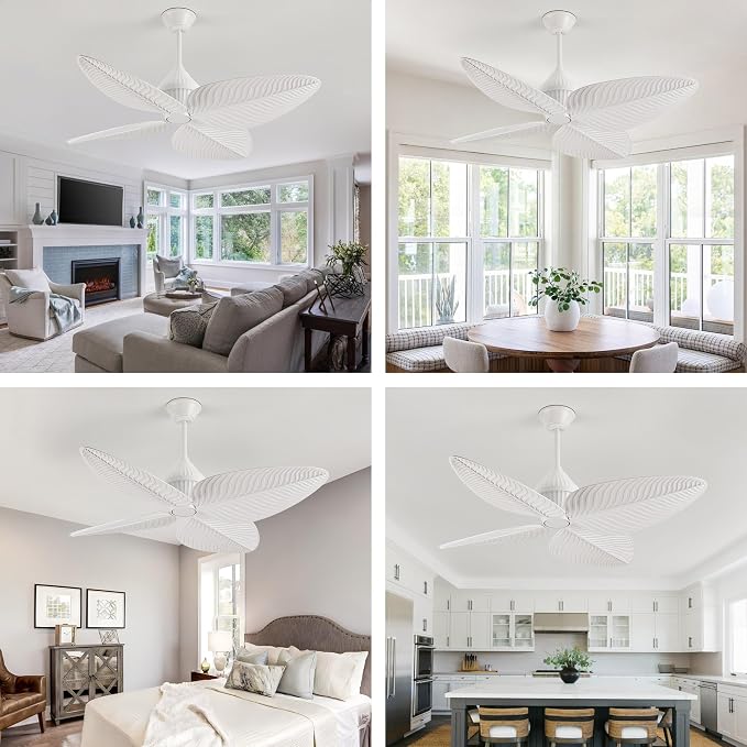52" White Tropical Ceiling Fans, Flush Mount Palm Leaf Ceiling Fan no Light, Indoor Ceiling Fans Without Light for Living Room Bedroom Kitchen Covered Gazebo, APP and Remote Control