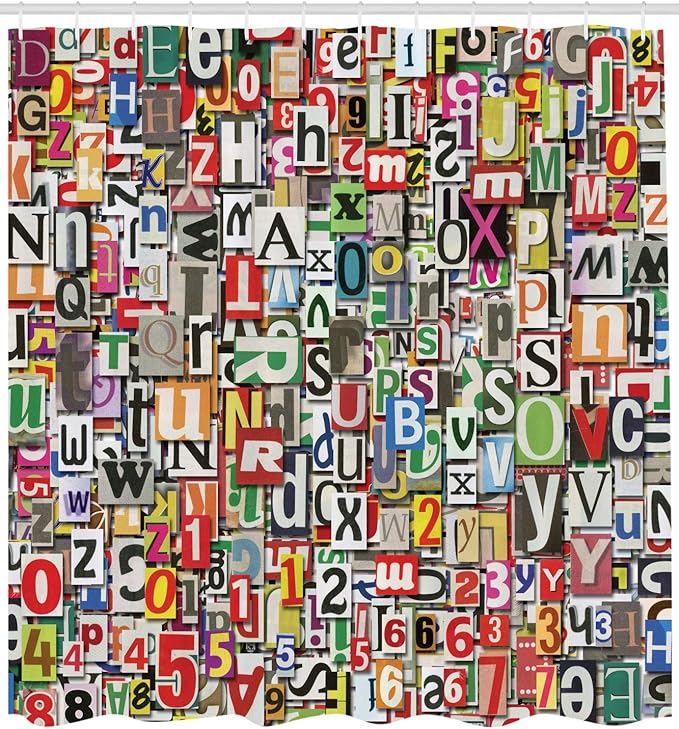 Ambesonne Abstract Shower Curtain, Collage of a Newspaper with Clippings and Alphabets Cuttings in a Diversity of Letters Digital, Cloth Fabric Bathroom Decor Set with Hooks, 69" W x 70" L, Red Blue