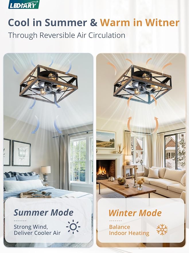 LEDIARY Caged Low Profile Square Ceiling Fans with Lights and Remote | 6 Speed and Reversible, Small Farmhouse Rustic Bladeless Ceiling Fan Flush Mount for Bedroom, Kitchen, Dining Room