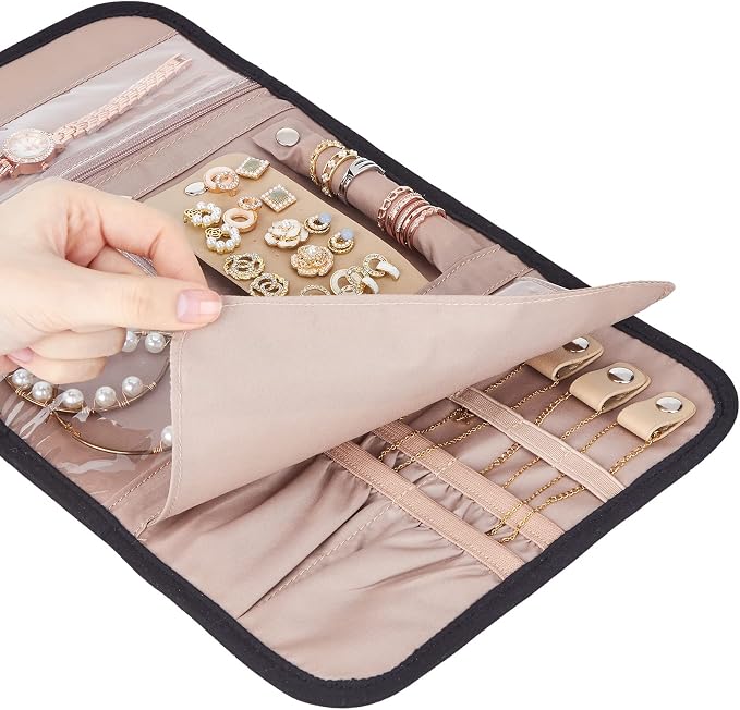 BELALIFE Travel Jewelry Case, Jewelry Organizer Roll for Accessories | Bag with foldable roll design for earrings, necklaces, rings, bracelets and brooches,Black