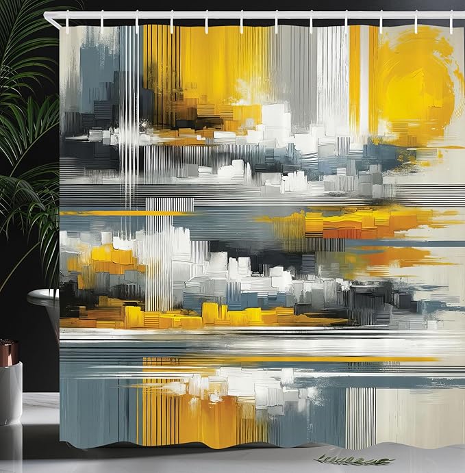 Ambesonne Striped Shower Curtain, Modern Abstract Brushstroke Paint Print Forgotten City Sunset Theme, Cloth Fabric Bathroom Decor Set with Hooks, 69" W x 70" L, Mustard Blue Grey Dimgray