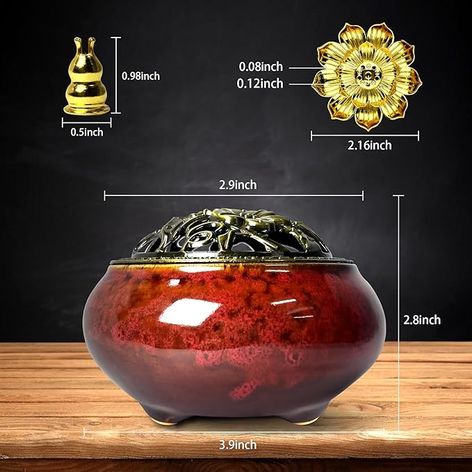Ceramic Incense Burner, Bowl Burner,Cone Incense Burner with Brass lid for use with Stick or Cone-Shaped Incense，Lotus Incense Stick Holder Calabash Incense Stick Holder, 3pc (Fambe Red)