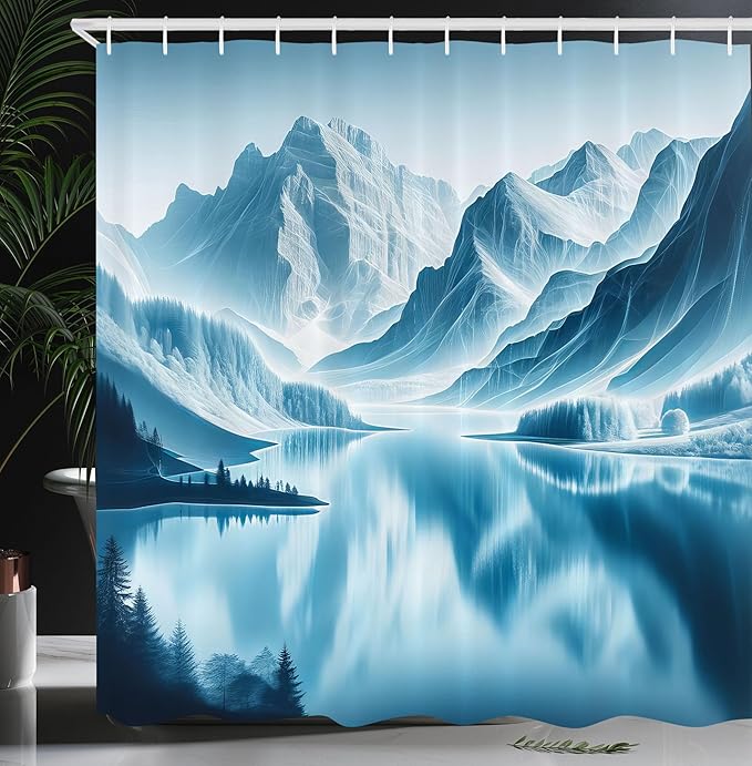 Ambesonne Lake Shower Curtain, Cold Mountain Peaks Hazy Reflection on ICY Water Nature Scenery Winter View, Cloth Fabric Bathroom Decor Set with Hooks, 69" W x 75" L, Pale Blue Petrol Blue