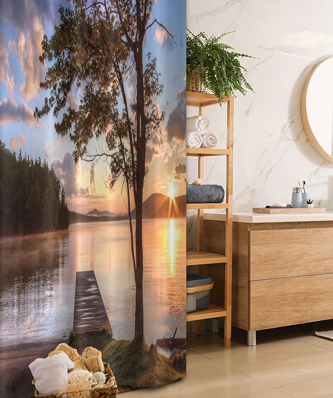 Ambesonne Seascape Stall Shower Curtain, Shore of Seventh Lake Tree Sunbeam at Sunset Water Reflection Tranquility, Fabric Bathroom Decor Set with Hooks, 36" W x 72" L, Brown Peach