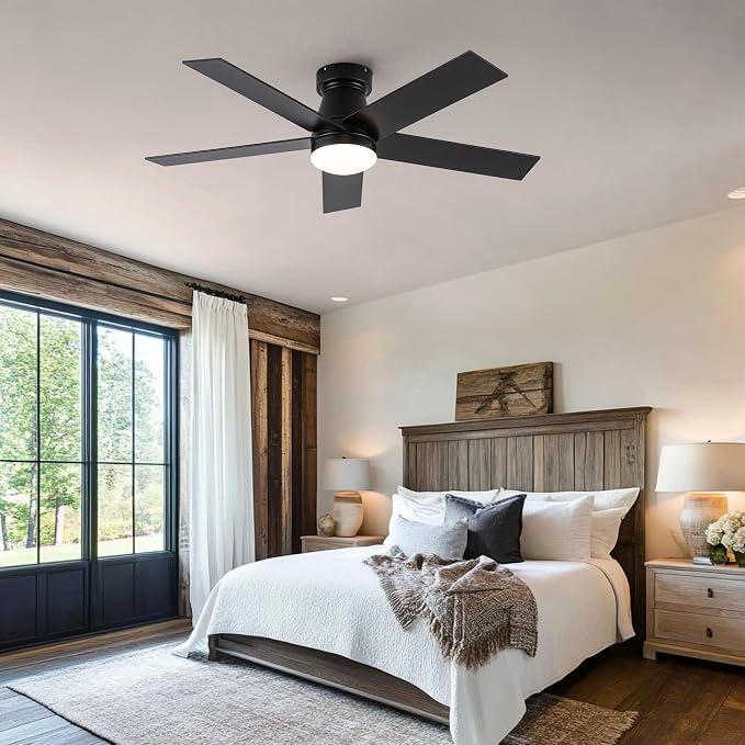 OURSTAR Ceiling Fans with Lights and Remote Control, Black Low Profile Ceiling Fan with Light 3-Color LED Dimmable, Memory for Lighting and Fan Reversible, 6-Speed, Timer, Indoor/Outdoor Use, 47 Inch