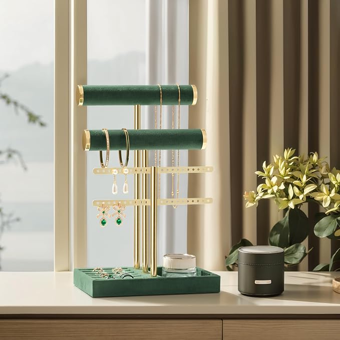 Jewelry Organizer Stand for Necklaces, Bracelets, Earrings, Rings, Green | 3 Tier Velvet Bracelet Holder Display | Jewelry Organizers and Storage | Jewelry Tree | Jewelry Towers