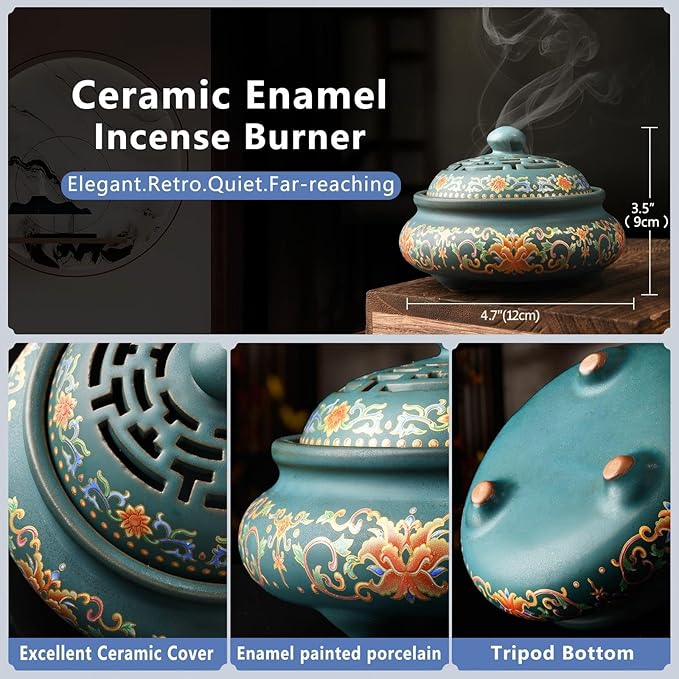 Ceramic Incense Burner with Incense Holder+ Fireproof Cotton,Handmade Smudging Burn Bowl for Stick or Coil Incense,Sage Cones,Frankincense and Mosquito Incense (Enamel)