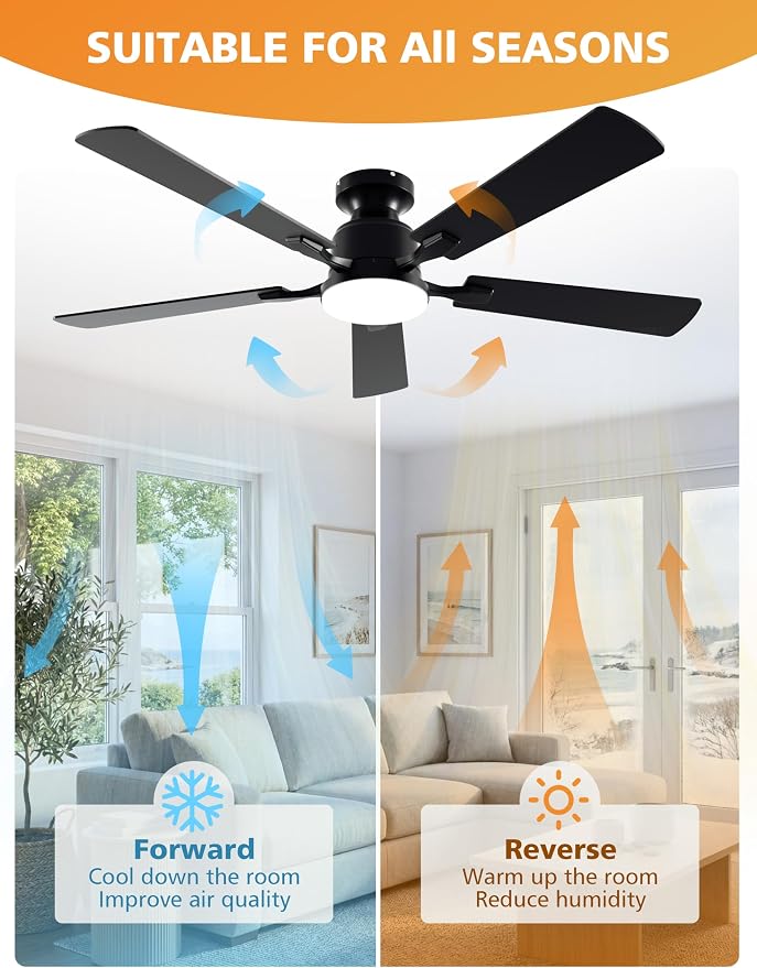 VOLISUN 52 Inch Ceiling Fan with Lights Flush Mount, Low Profile Ceiling Fans with Lights, Remote&APP Control,Dimmable 22W LED Light,Queit&Reversible Fan, Black Ceilings Fans for Bedroom, Living Room