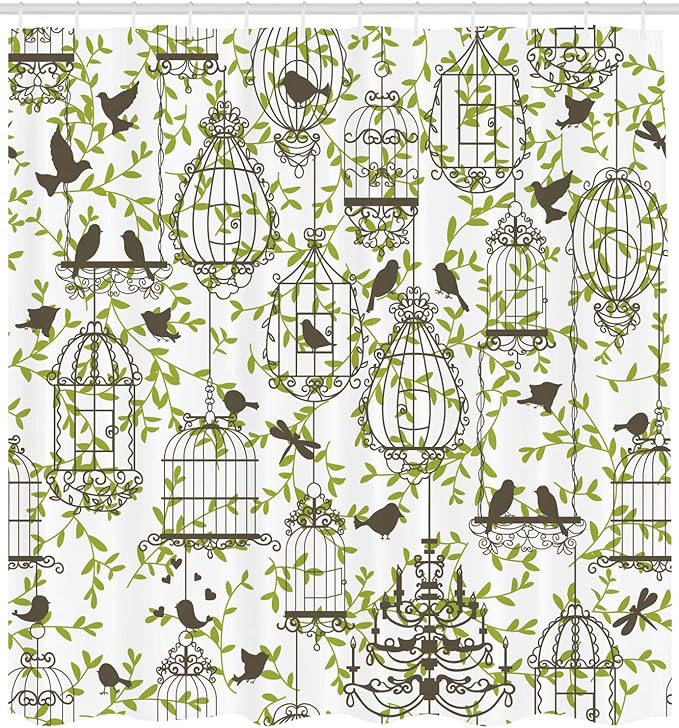 Ambesonne Vintage Shower Curtain, Antique Birdcages on Ivy Leaf Love Couple Escape Freedom Modern Illustration, Cloth Fabric Bathroom Decor Set with Hooks, 69" W x 70" L, Navy Green
