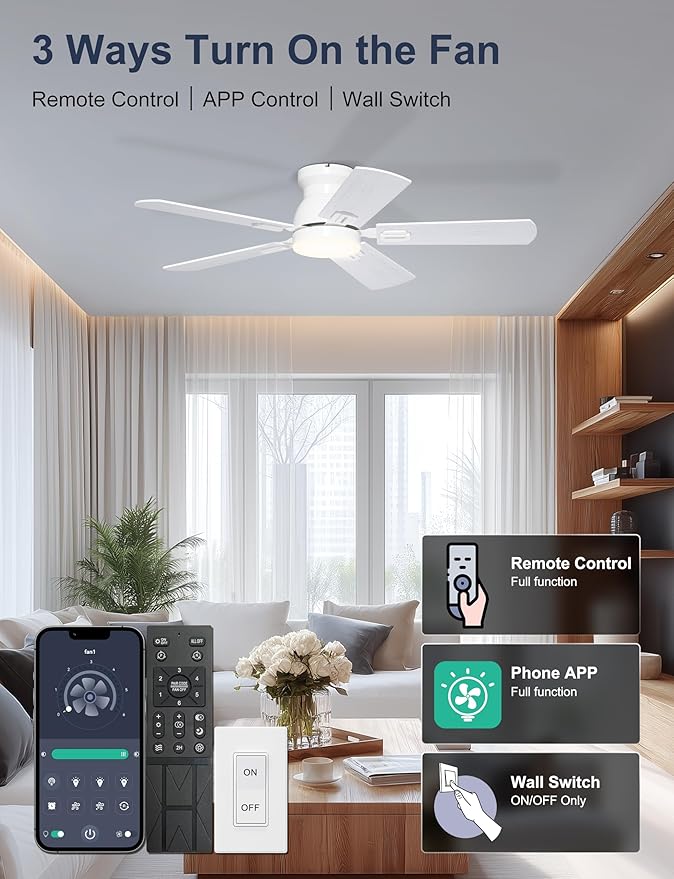 42'' White Flush Mount Ceiling Fans with Lights for Nursery Room | App/Remote Control, Low Profile, Space-Saving, Quiet DC Motor, 3CCT Dimmable, 6 Speeds Modern Overhead Fan for Low Ceilings