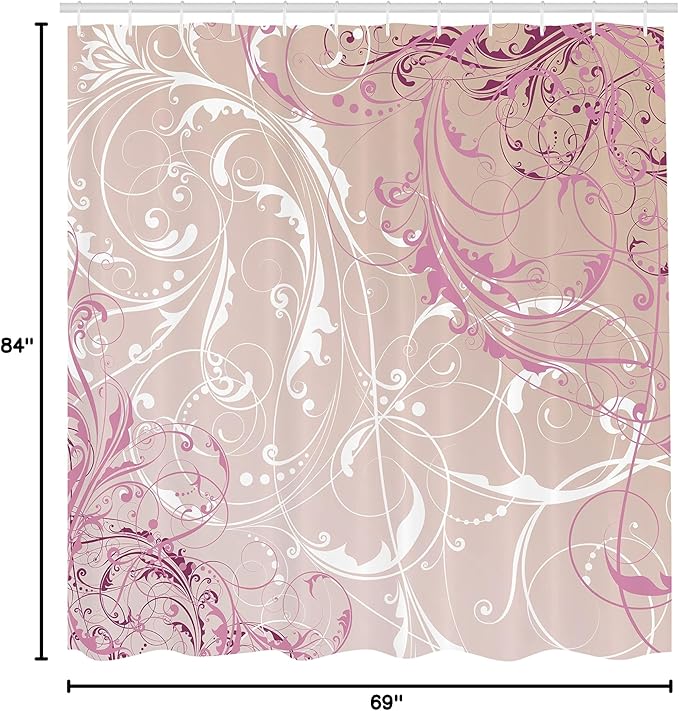 Ambesonne Floral Shower Curtain, Baroque Swirl Branches Curved Flower Leaves Shabby Form Nature Pattern, Cloth Fabric Bathroom Decor Set with Hooks, 69" W x 84" L, Eggshell Pink