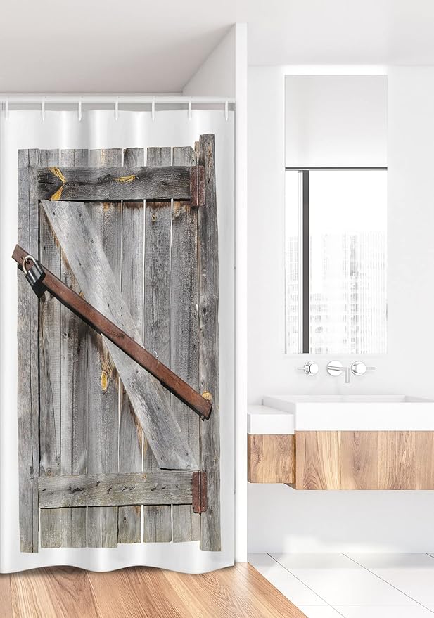 Ambesonne Rustic Stall Shower Curtain, Aged Wood Barn Door with Rusty Crossed Locks Abandoned Western Farmhouse Design, Fabric Bathroom Decor Set with Hooks, 36" W x 72" L, Brown