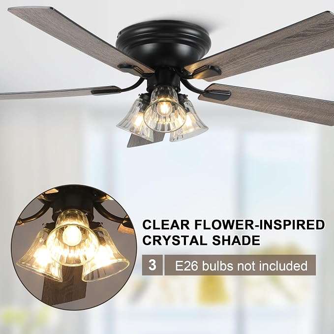 Dawn Whisper 52 Inch Ceiling Fan with Light Flush Mount Classic Vintage Farmhouse Ceiling Fan with 3 E26 Covered Energy Efficient Light Bulbs Base