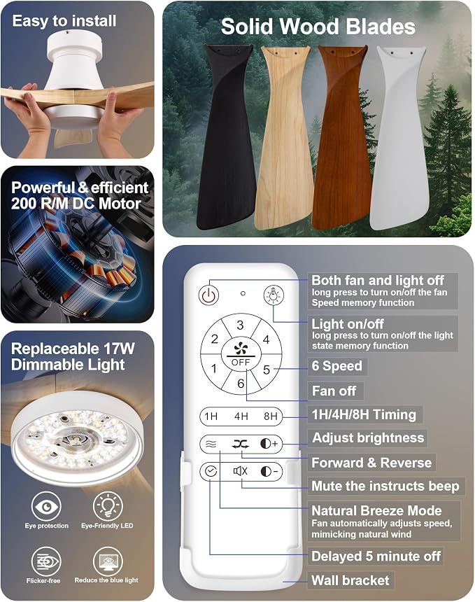52 Inch Ceiling Fan with Lights, Remote Control, Flush Mount, Dimmable, Reversible, Wood Blades, Power-Off Memory, Quiet DC Motor, Modern Hugger Ceiling Fan for Living Room, Bedroom, Patio