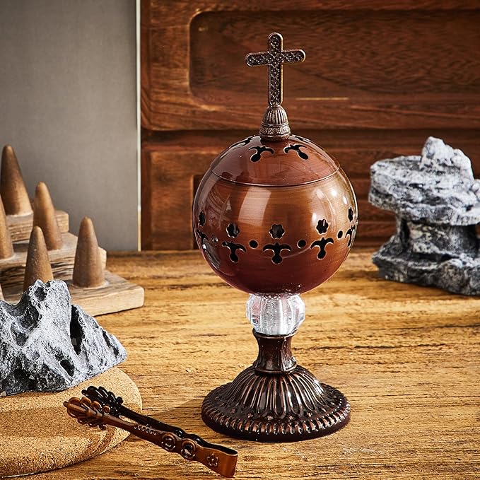 Zonon 1 Set Incense Burner with Tong, Frankincense Charcoal Incense Stand Holder, Ideal for Yoga, Spa, Aromatherapy, Home and Christian Church Censer (Red Copper,Retro)