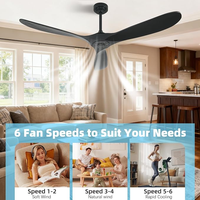 Outdoor Ceiling Fan Without Light, 60 Inch Smart Ceiling Fan with Remote & Voice Control for Compatible with Alexa/Google, 3-Blade Wood Fan, Quiet DC Motor, 6 Speeds for Patio, Porch, Farmhouse