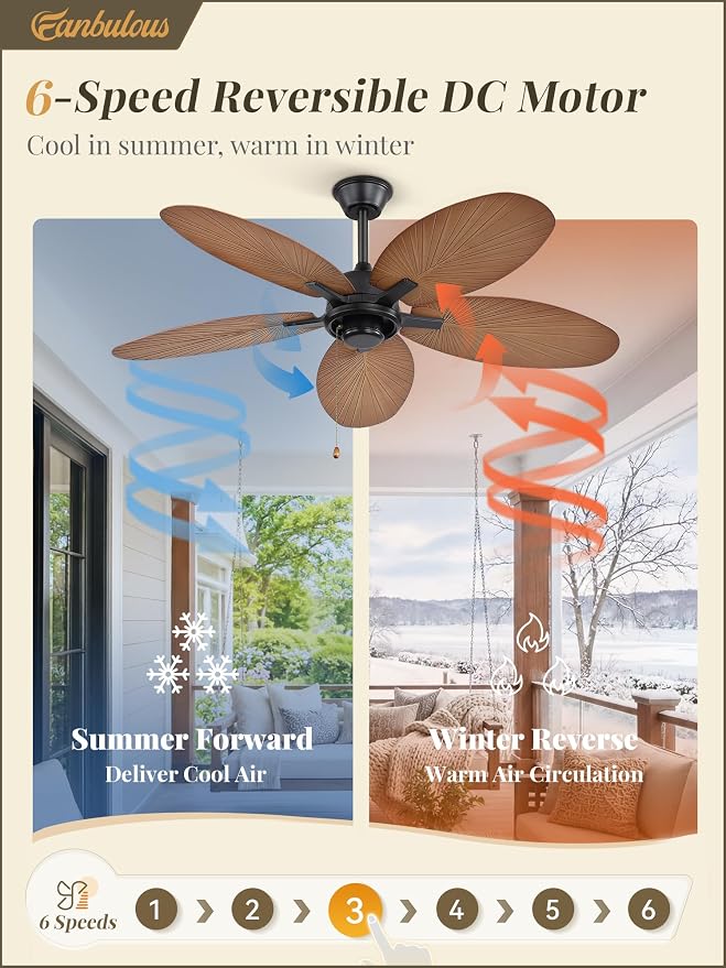 Fanbulous 52 Inch Ceiling Fan No Light, Remote & Pull Chain Tropical Fan With 6 Speeds, 3 Timers, DC Quiet Motor, 5 Palm Blade for Bedroom Living Room Covered Outdoor Patio Porch, Damp Rated, Walnut