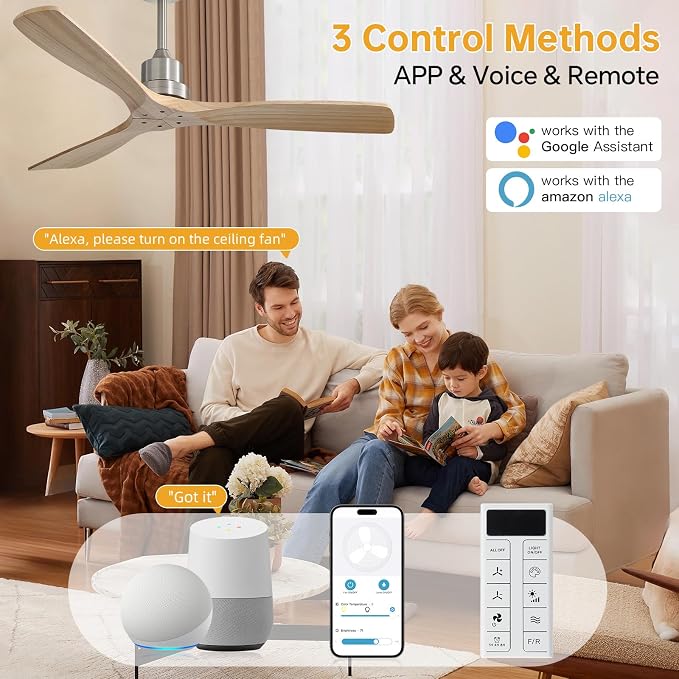 Sofucor Smart Ceiling Fan no Lights, 52" Low Profile Wood Ceiling Fans with Remote, Compatible with Alexa/Google/App, for Bedroom Living Room Patio Outdoor