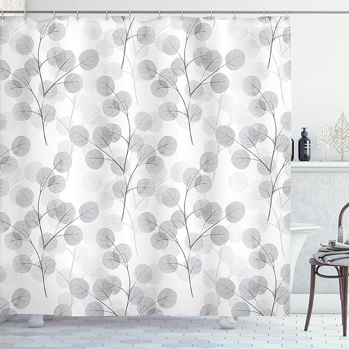 Ambesonne Nature Shower Curtain, Soft Colored Bay Leaf Watercolor Branches Growth Essence Image Print, Cloth Fabric Bathroom Decor Set with Hooks, 69" W x 84" L, Grey White