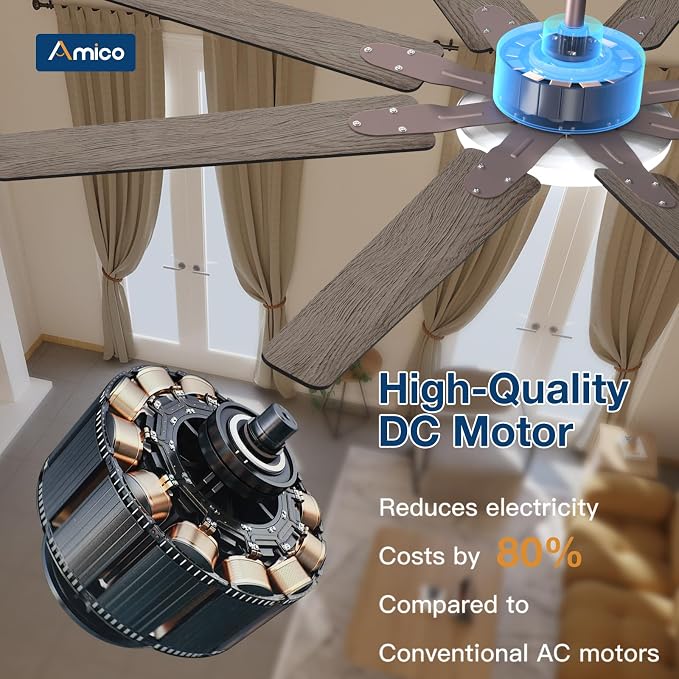 Amico 64 Inch Ceiling Fans with Lights and Remote,Indoor/Outdoor Ceiling Fan with 6 Speed Reversible Quiet DC Motor, 3CCT,Dimmable,Brown Modern Ceiling fan For Living Room, Bedroom, Patio