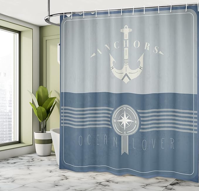 Ambesonne Nautical Shower Curtain, Vintage Marine Design for Ocean Lovers Anchor Compass and Stripes, Cloth Fabric Bathroom Decor Set with Hooks, 69" W x 70" L, Blue Grey