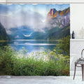 Ambesonne Nature Shower Curtain, Alps Mountain Foggy Lake in Floral Meadow Adventure Pastoral Climbing Picture, Cloth Fabric Bathroom Decor Set with Hooks, 69" W x 75" L, Forest Green