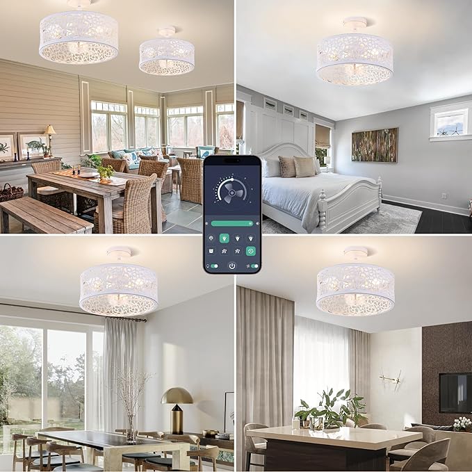 COCOSTAR Small Farmhouse Ceiling Fan with Light: 15" White Caged Fandelier | Smart Remote/APP,6 Speed,Timer,Semi Flush Mount Sloped Ceiling Light Fixture & Fan for Living Dining Kitchen Girls Bedroom
