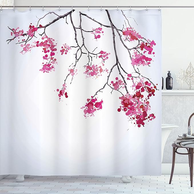 Ambesonne Japanese Shower Curtain, Cherry Blossom Sakura Tree Floral Branch Spring Season Theme Image, Cloth Fabric Bathroom Decor Set with Hooks, 69" W x 70" L, Dimgray Black