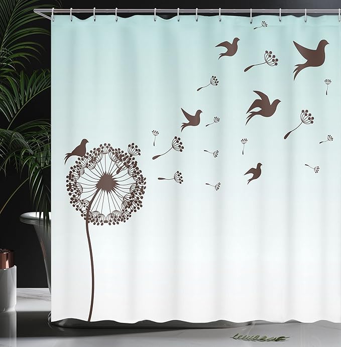 Ambesonne Art Shower Curtain, Dandelion Flower Arrangement Petals Doves Flying Silhouettes Fantasy Blooms Print, Cloth Fabric Bathroom Decor Set with Hooks, 69" W x 75" L, Turquoise Brown
